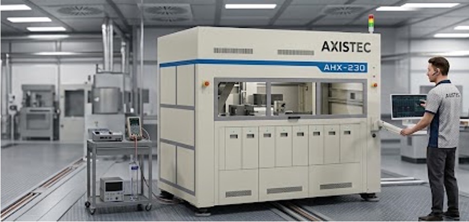 Axis-Tec AHX-230 enclosed automatic MEMS IC tester on a production floor
